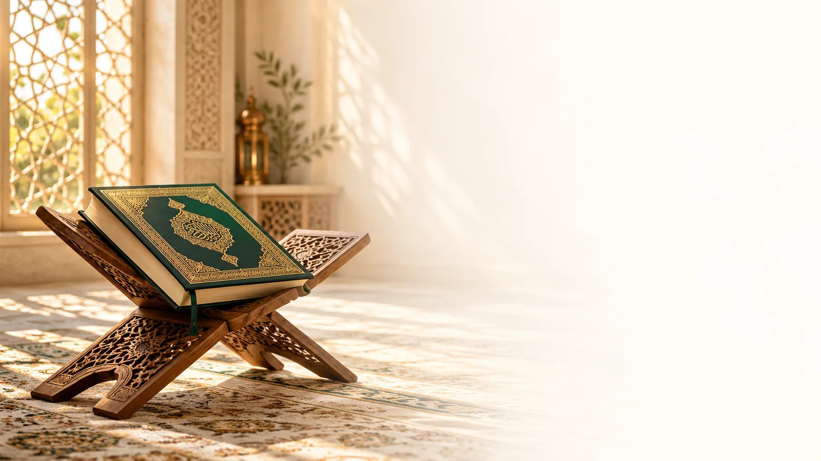 مصحف مزخرف على حامل خشبي في غرفة مضيئة