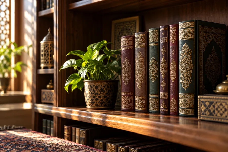 مجموعة كتب عربية مزخرفة في مكتبة دافئة