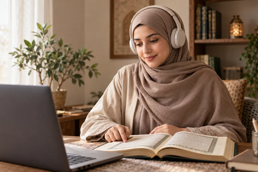 طالبة تتعلم قراءة القرآن الكريم عبر الإنترنت