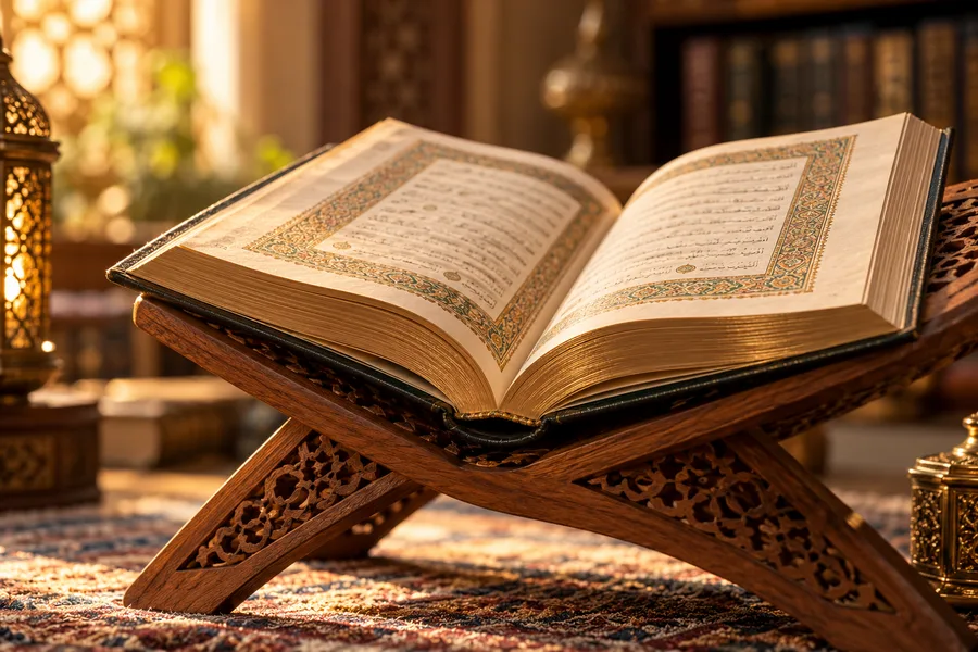 مصحف مفتوح على حامل خشبي مزخرف